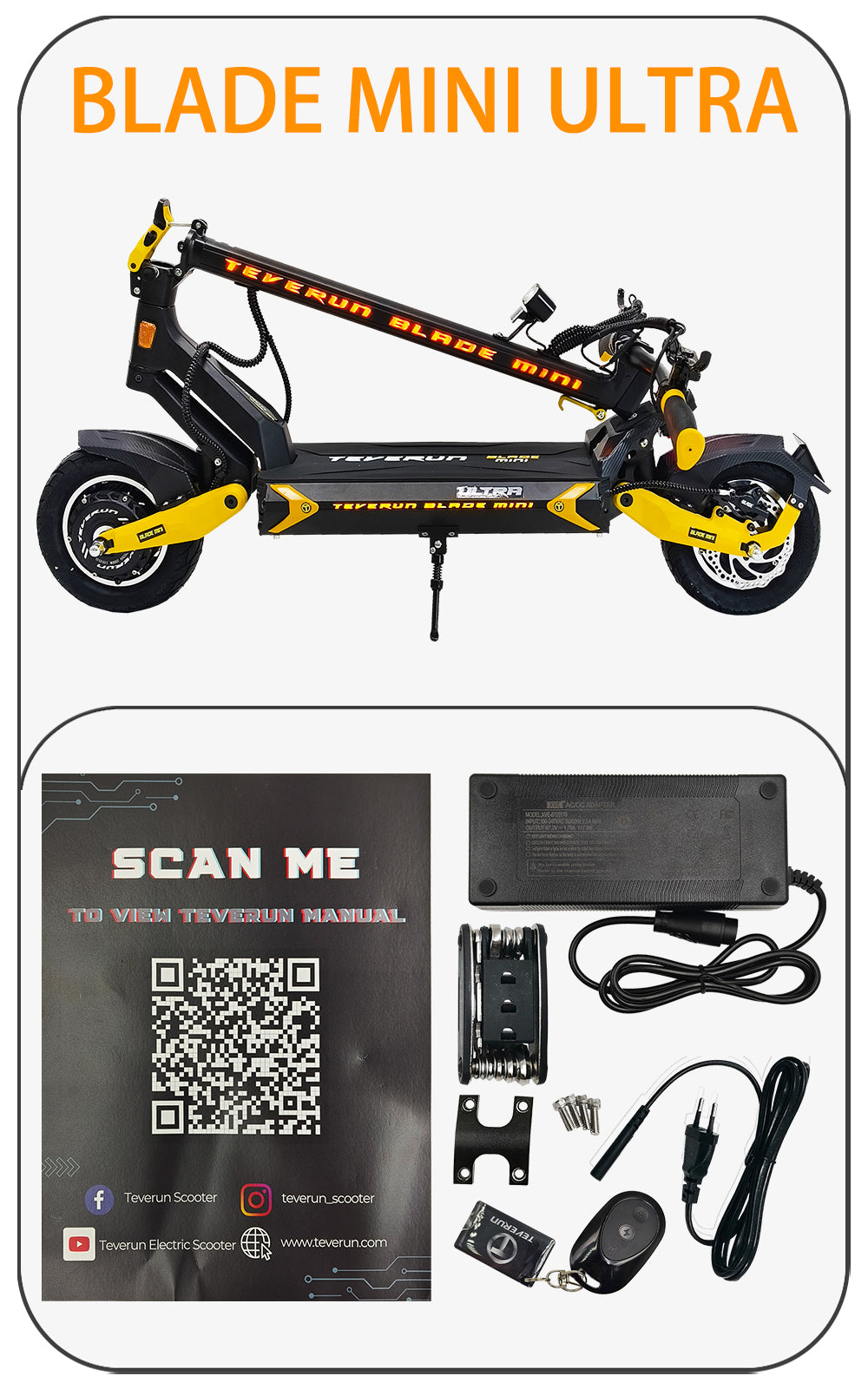 Teverun Blade Mini Ultra V4 Electric Scooter 10inch 1000Wx2 60V27Ah Built-in LED (NFC) Hydraulic