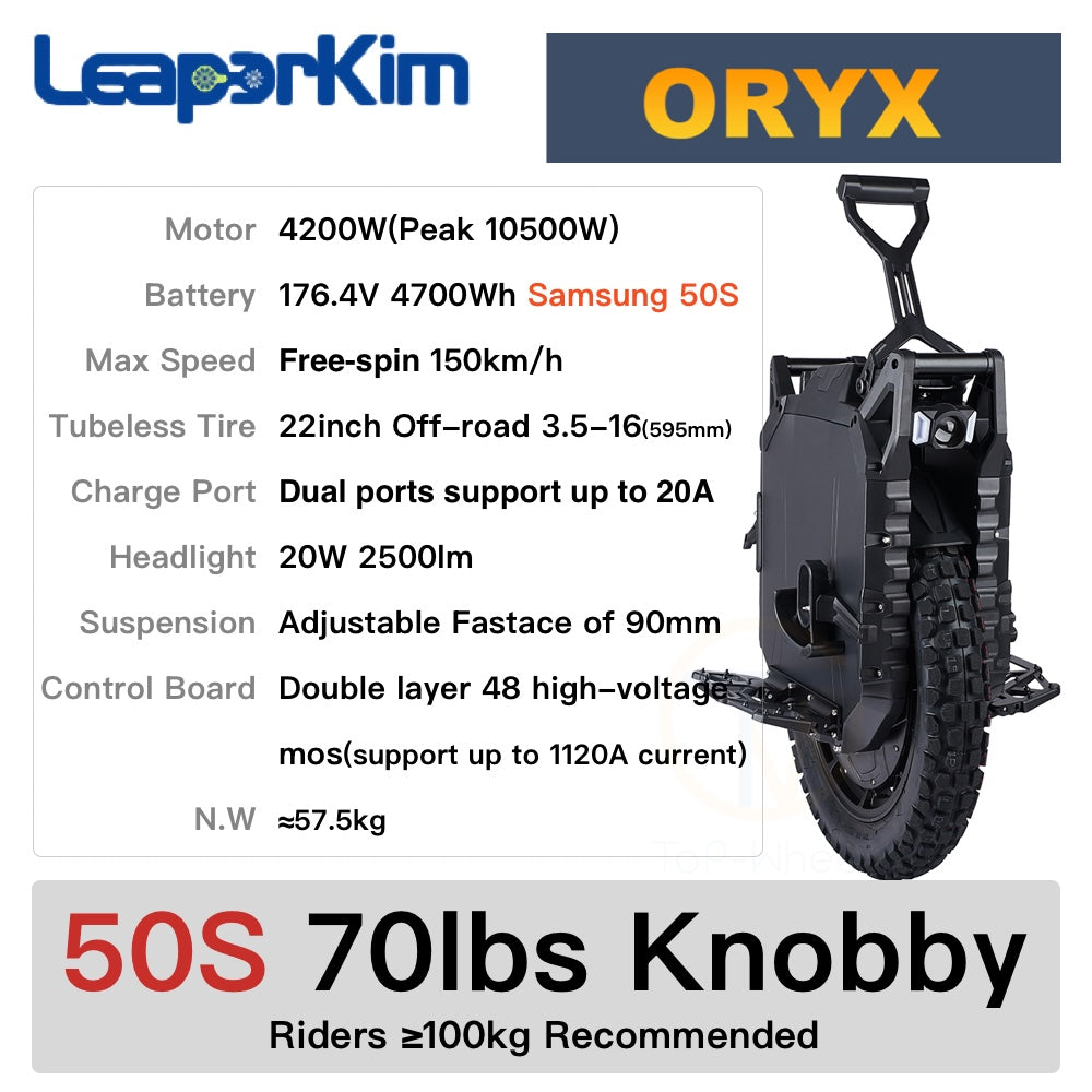 Leaperkim Oryx 50S Unicycle - 4200W 176.4V 4700Wh Samsung 50S 22inch tubeless Off-road