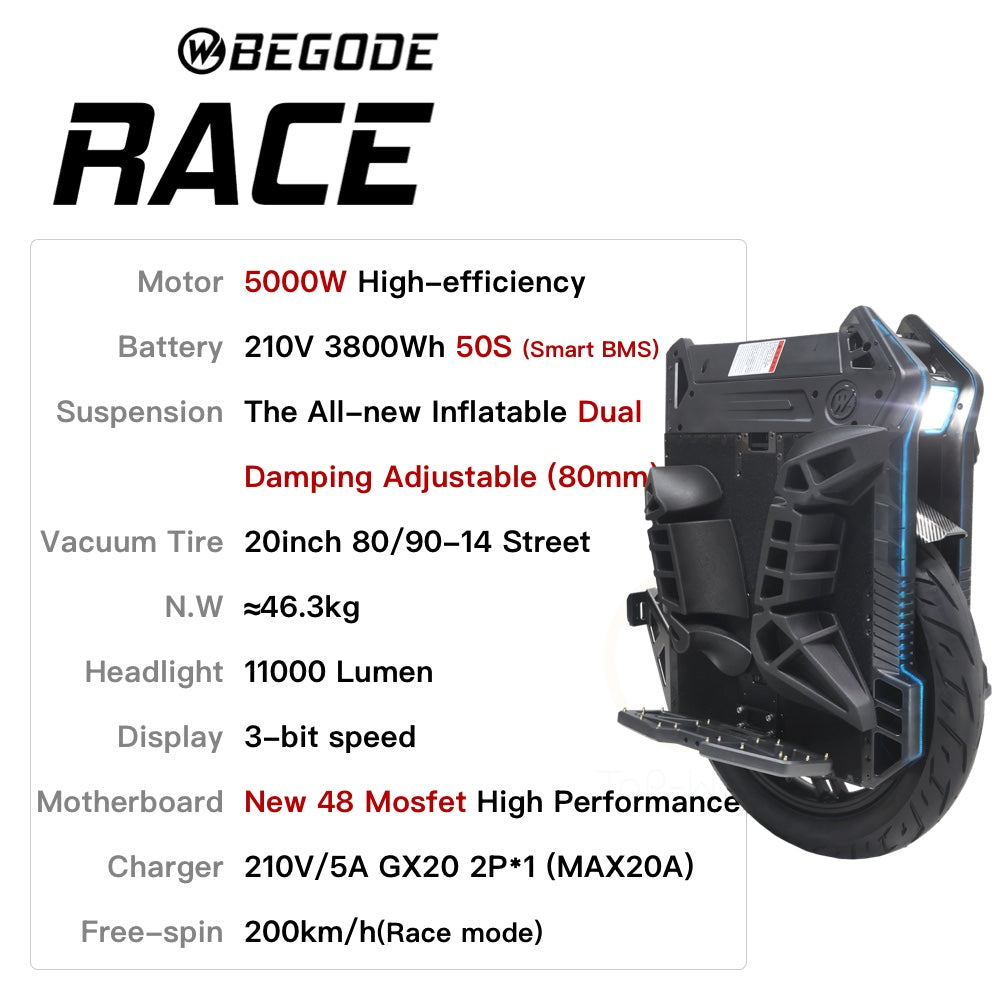 Begode Race Electric Unicycle 5000W 210V 3800Wh 50S 20inch New 48 Mosfet Balance Wheel