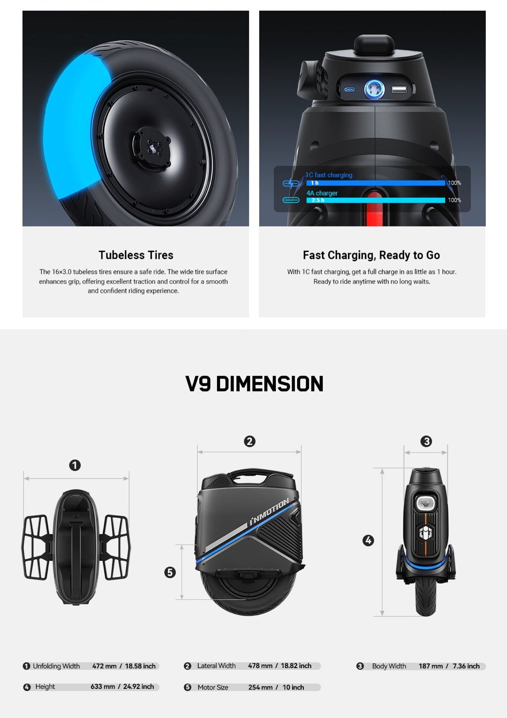 New INMOTION V9 Electric Unicycle - 1000W 84V750Wh 16inch (formerly known as E25)