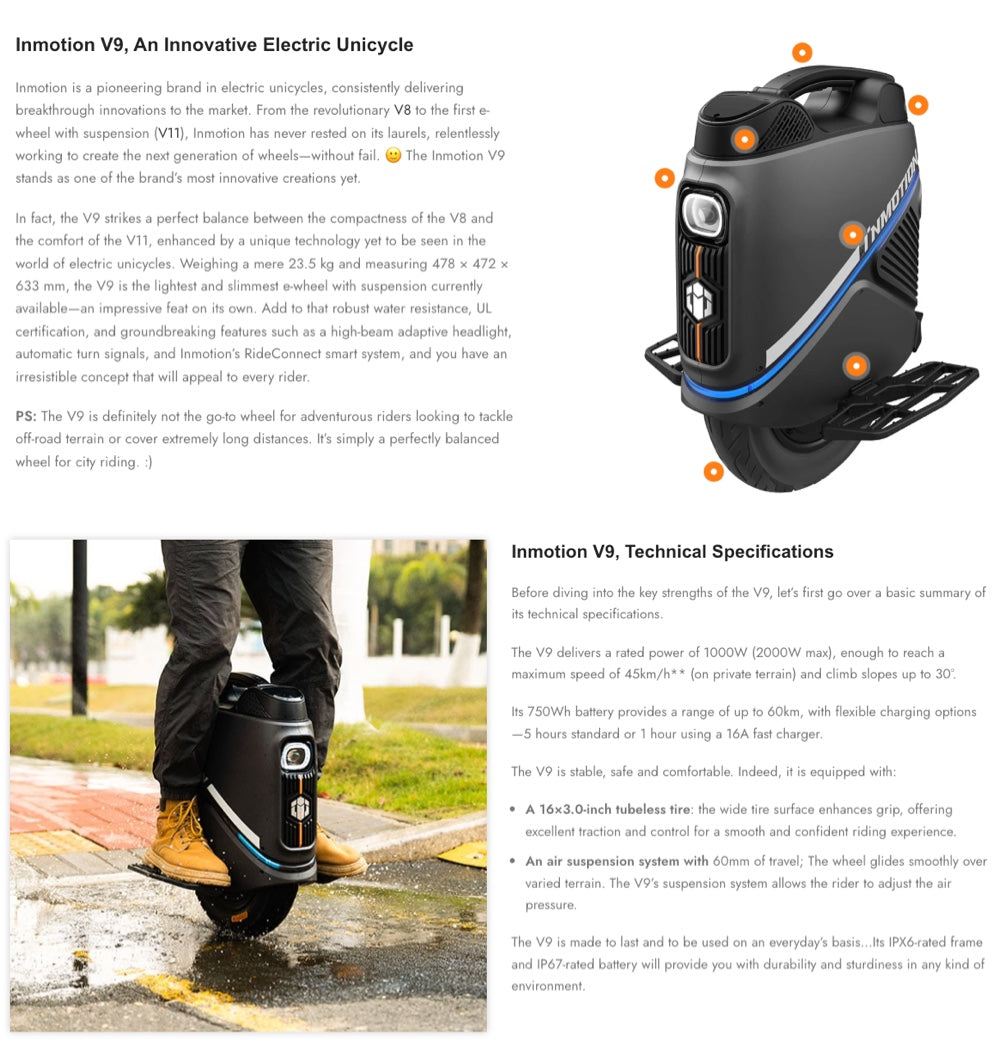 New INMOTION V9 Electric Unicycle - 1000W 84V750Wh 16inch (formerly known as E25)