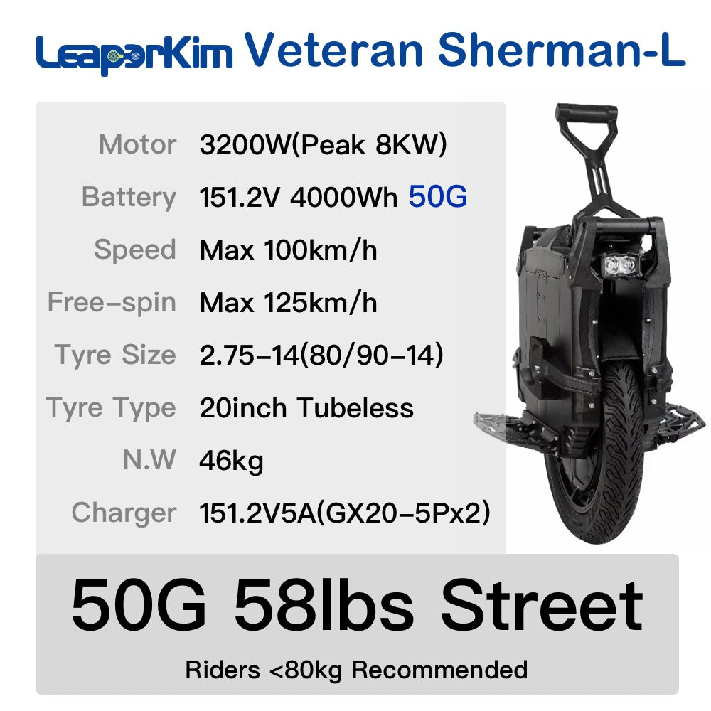 Leaperkim Sherman-L Electric Unicycle - 3200W 151.2V 4000Wh 20inch