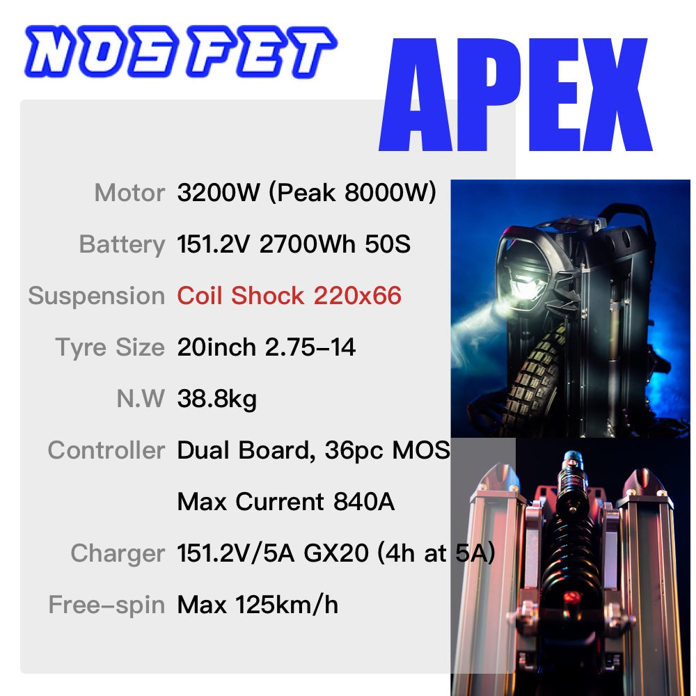 NOSFET APEX Electric Unicycle - 151.2V 2700Wh 50S 20inch 2.75-14