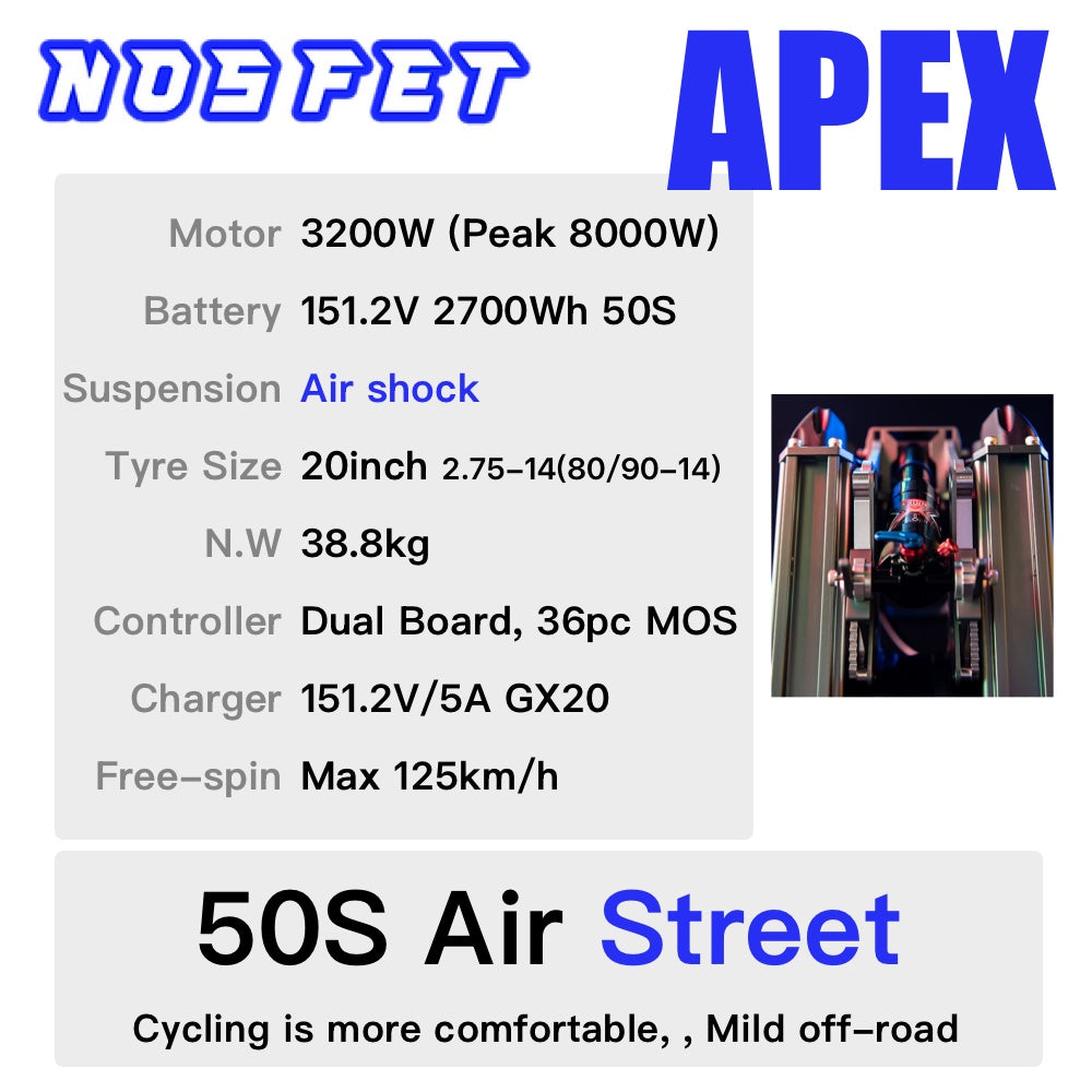 NOSFET APEX Electric Unicycle - 151.2V 2700Wh 50S 20inch 2.75-14