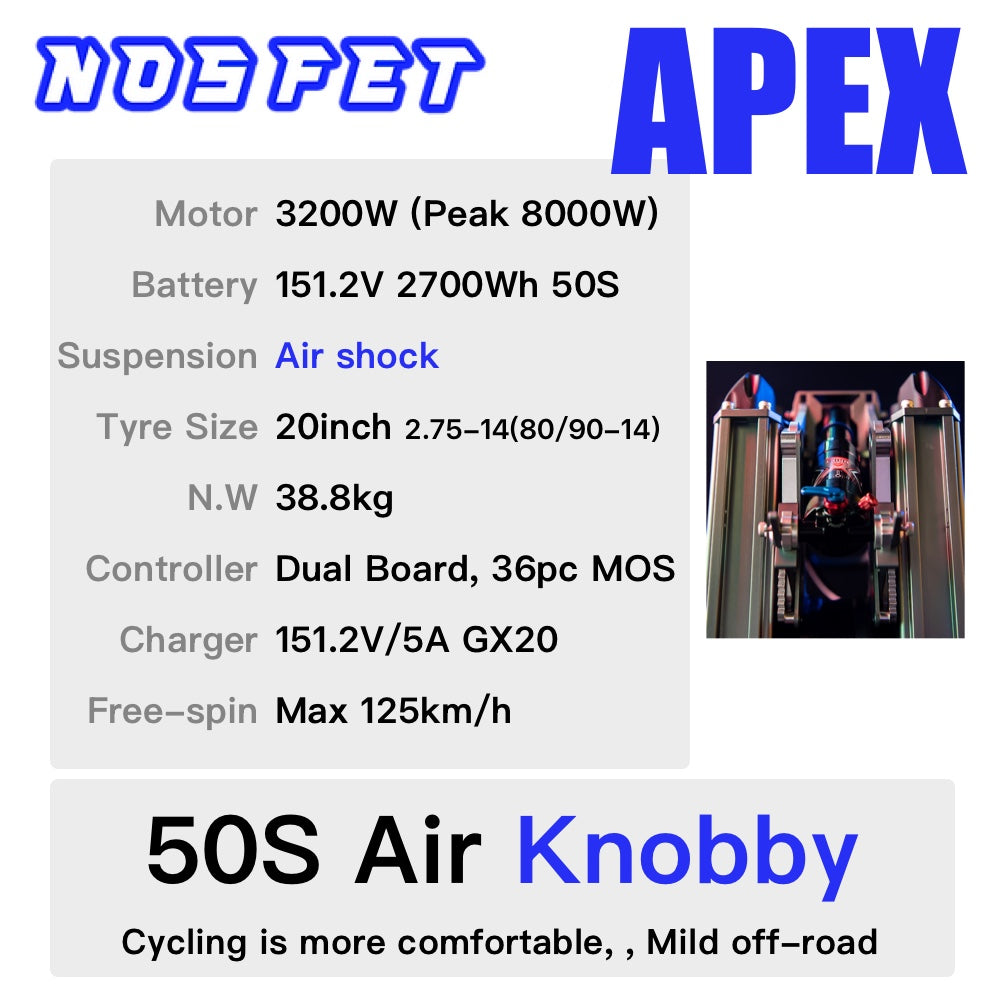 NOSFET APEX Electric Unicycle - 151.2V 2700Wh 50S 20inch 2.75-14