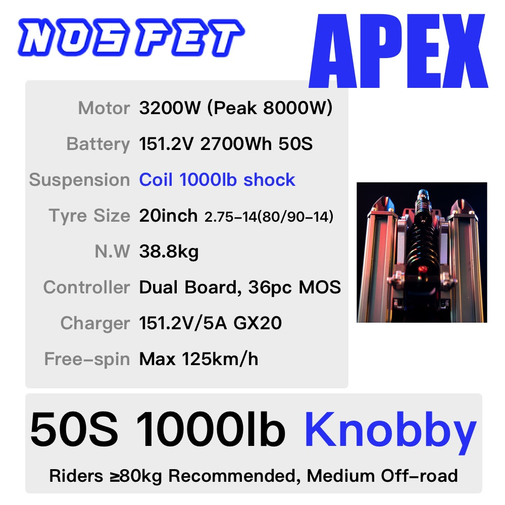 NOSFET APEX Electric Unicycle - 151.2V 2700Wh 50S 20inch 2.75-14