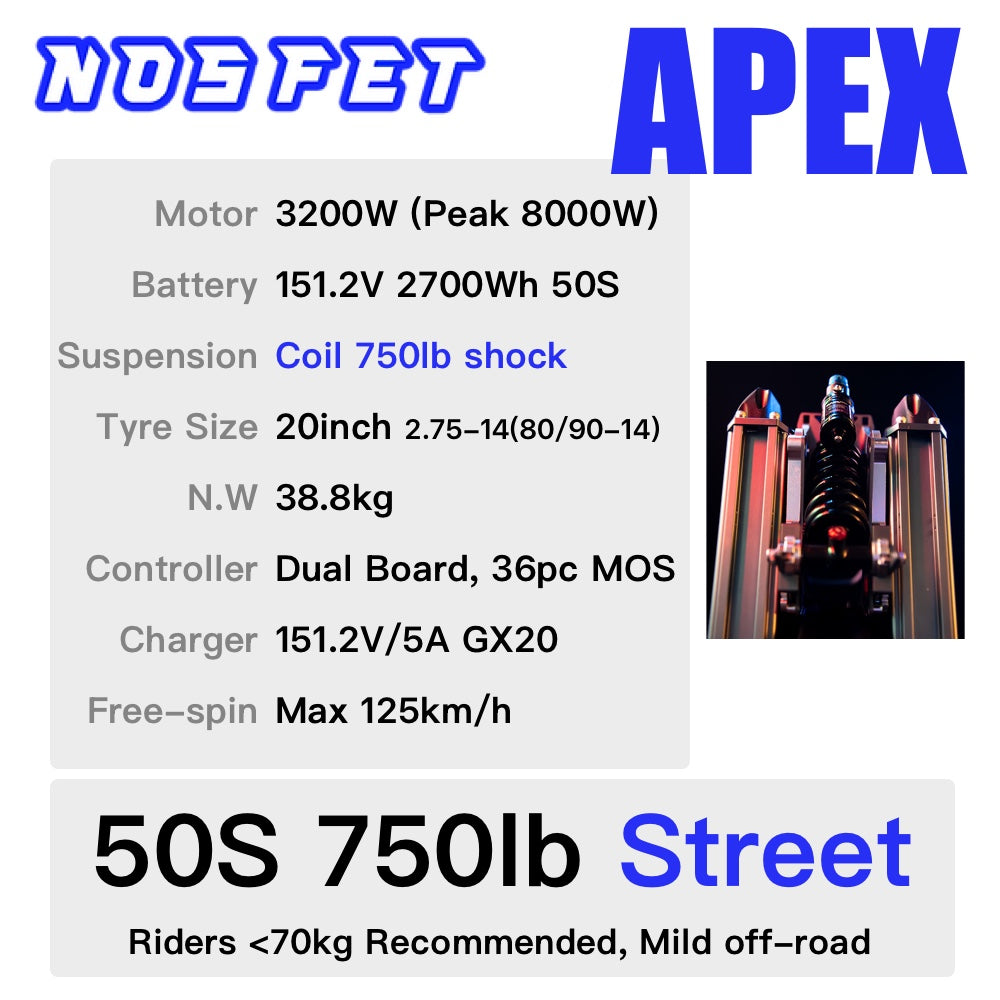 NOSFET APEX Electric Unicycle - 151.2V 2700Wh 50S 20inch 2.75-14