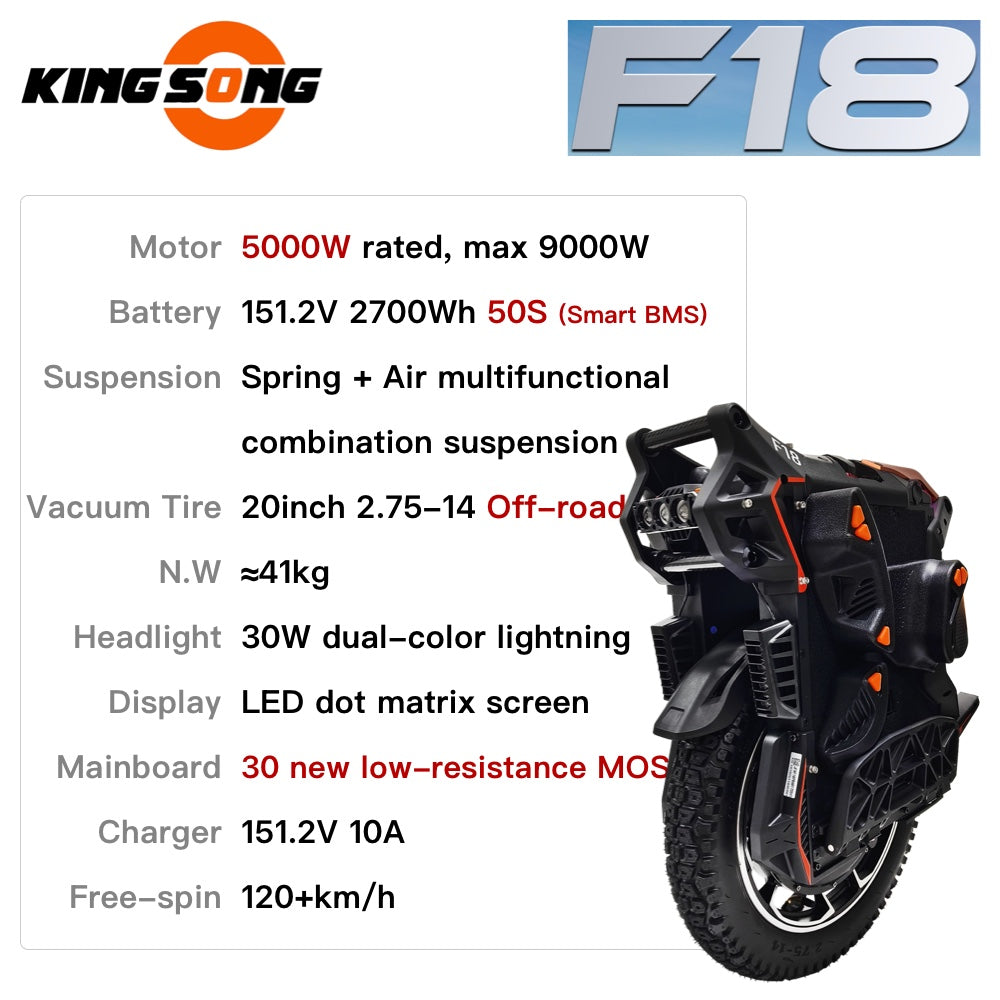 Kingsong F18 Electric Unicycle Samsung 50S 5000W 151.2V 2700Wh 20inch Off-road Tire Tubeless