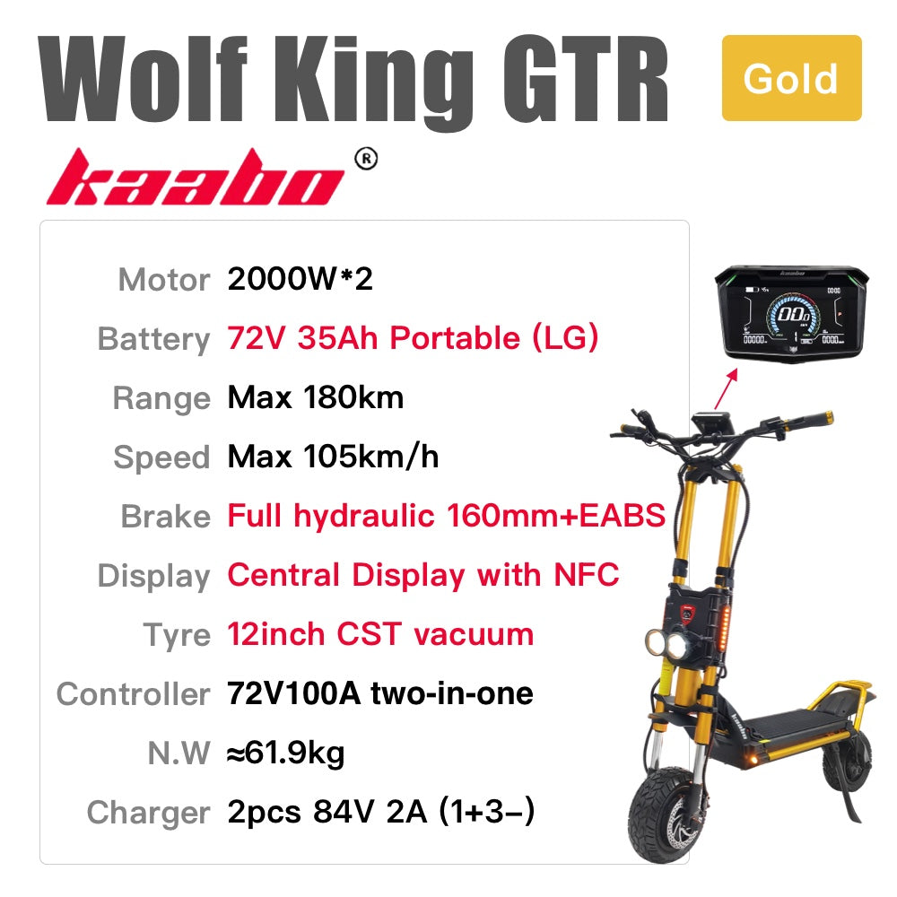 KAABO Wolf King GTR Electric Scooter (2000W*2 72V 35Ah Portable Full hydraulic 160mm 12inch CST)