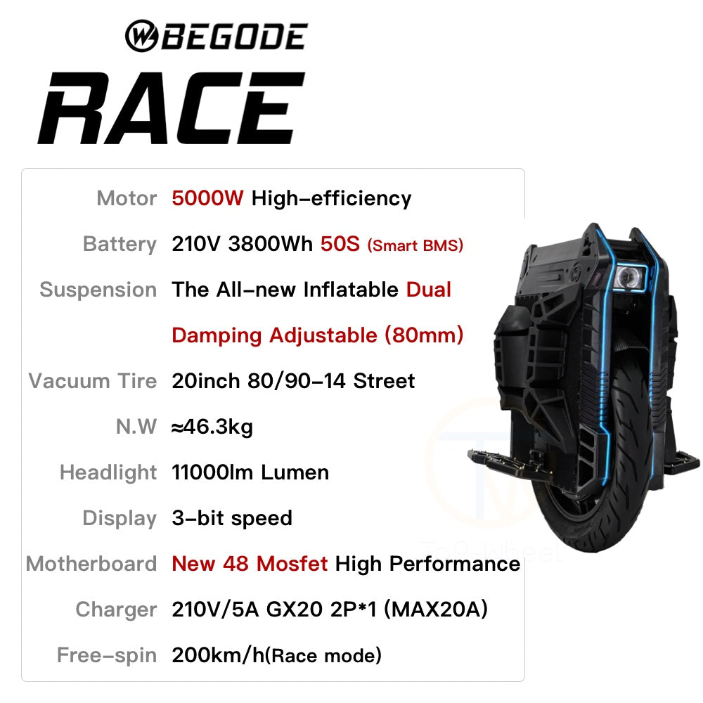 Begode Race Electric Unicycle 5000W 210V 3800Wh 50S 20inch New 48 Mosfet Balance Wheel