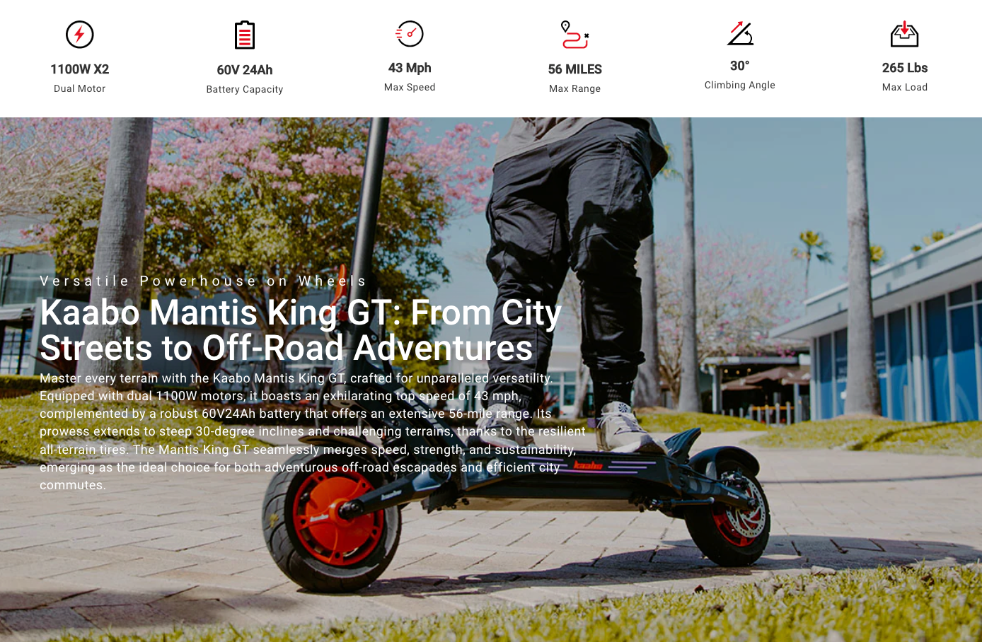 KAABO Mantis King GT Electric Scooter - 1100W*2 60V24AH